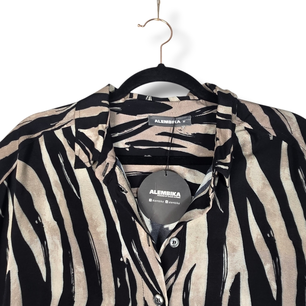 NEW $324 Alembika Shayna Oversize Safari Shirt Dress Zebra Print Pockets Medium - Picture 5 of 16